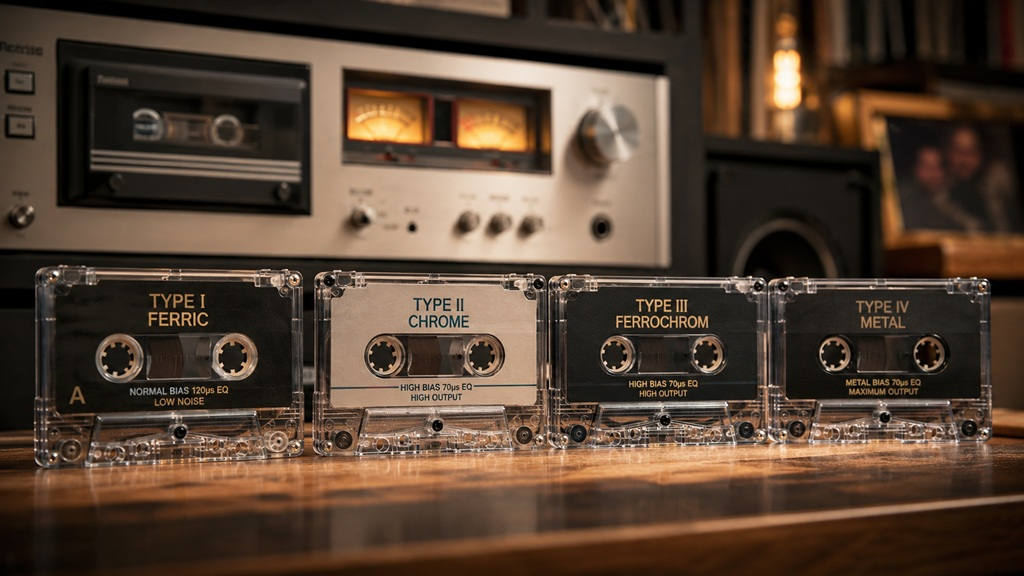 Vier Kompaktkassette Bandtypen Type I Ferric, Type II Chrome, Type III Ferrochrom und Type IV Metal vor einem Vintage-HiFi-Kassettendeck.