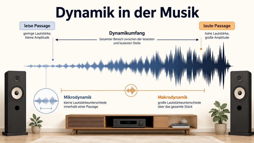 Schematische Darstellung der Dynamik in der Musik mit Wellenform, leiser und lauter Passage, Dynamikumfang, Mikro- und Makrodynamik.