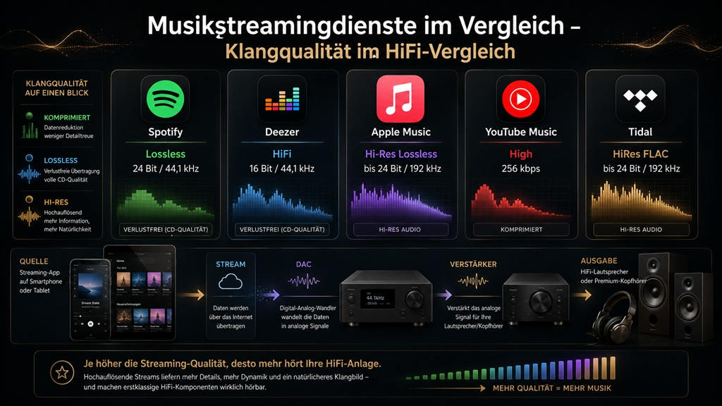 Musikstreamingdienste im Vergleich als schematische Grafik mit Klangqualität, Lossless, Hi-Res, DAC, Verstärker und HiFi-Lautsprechern.