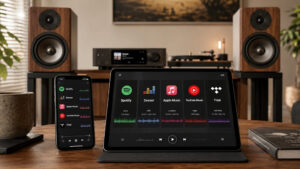 Musikstreamingdienste im Vergleich auf Tablet und Smartphone vor einer HiFi-Anlage mit Lautsprechern im Wohnzimmer.
