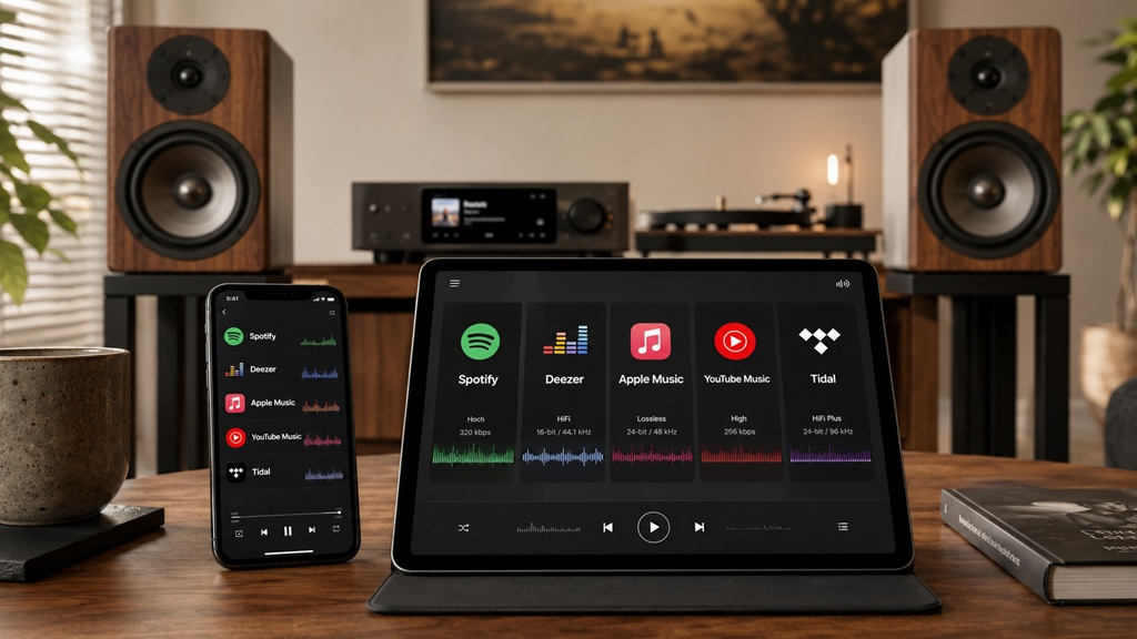 Musikstreamingdienste im Vergleich auf Tablet und Smartphone vor einer HiFi-Anlage mit Lautsprechern im Wohnzimmer.