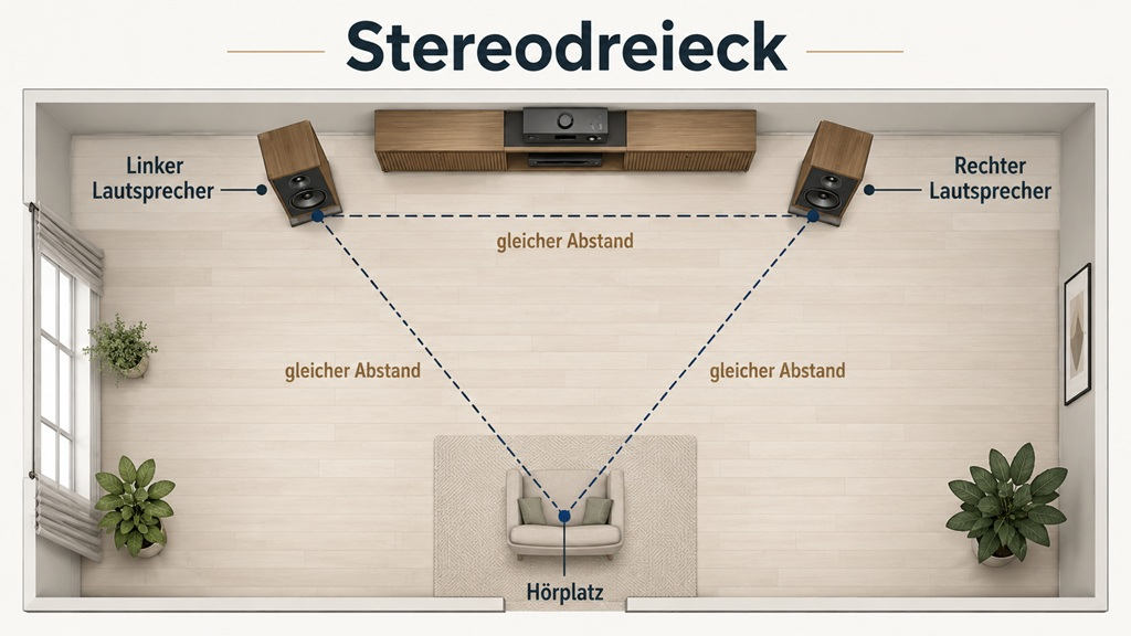 Schematische Darstellung zum Hifi-Lautsprecher aufstellen mit zwei Lautsprechern und Hörplatz im Stereodreieck.