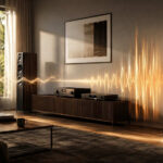 Hochrealistisches HiFi-Wohnzimmer mit Lautsprechern und leuchtender Wellenform als Visualisierung der Dynamik in der Musik.