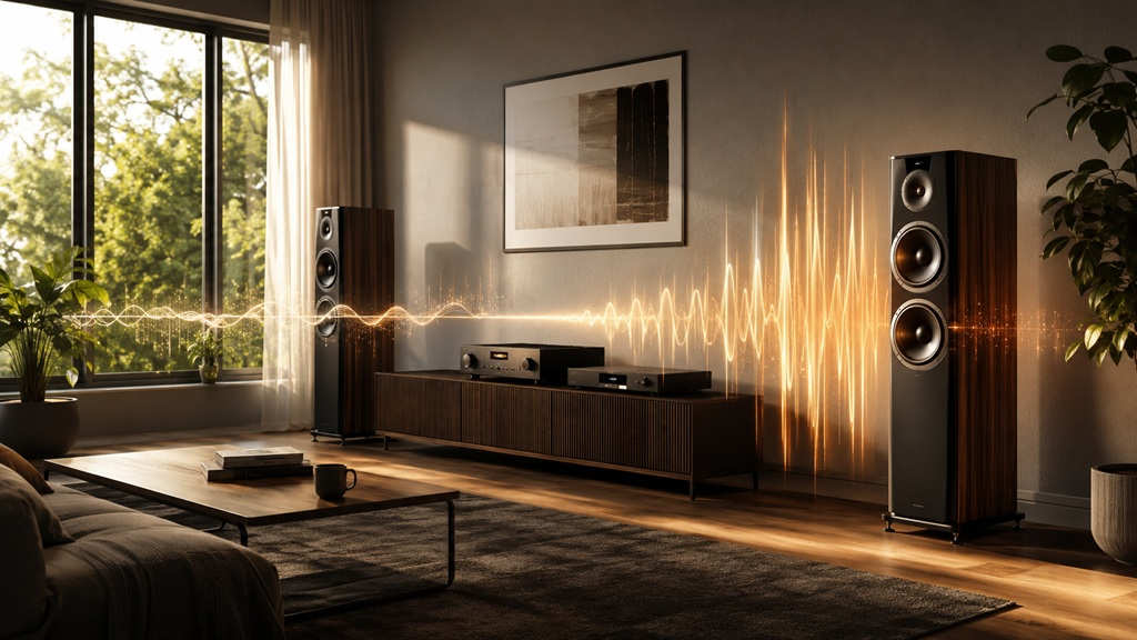 Hochrealistisches HiFi-Wohnzimmer mit Lautsprechern und leuchtender Wellenform als Visualisierung der Dynamik in der Musik.