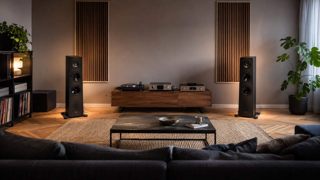 Modernes Wohnzimmer mit korrekt aufgestellten HiFi-Lautsprechern, Subwoofer und Hörplatz als Beispiel für Hifi-Lautsprecher aufstellen.