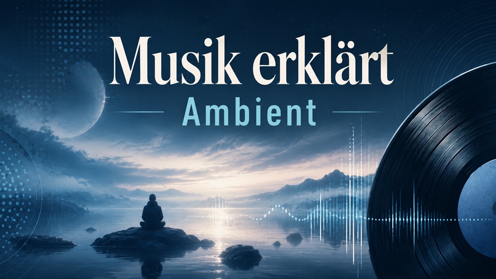 Musik erklärt Ambient mit ruhiger Wasserlandschaft, sitzender Silhouette, Audio-Wellenform und Vinyl-Schallplatte in blauer Atmosphäre.