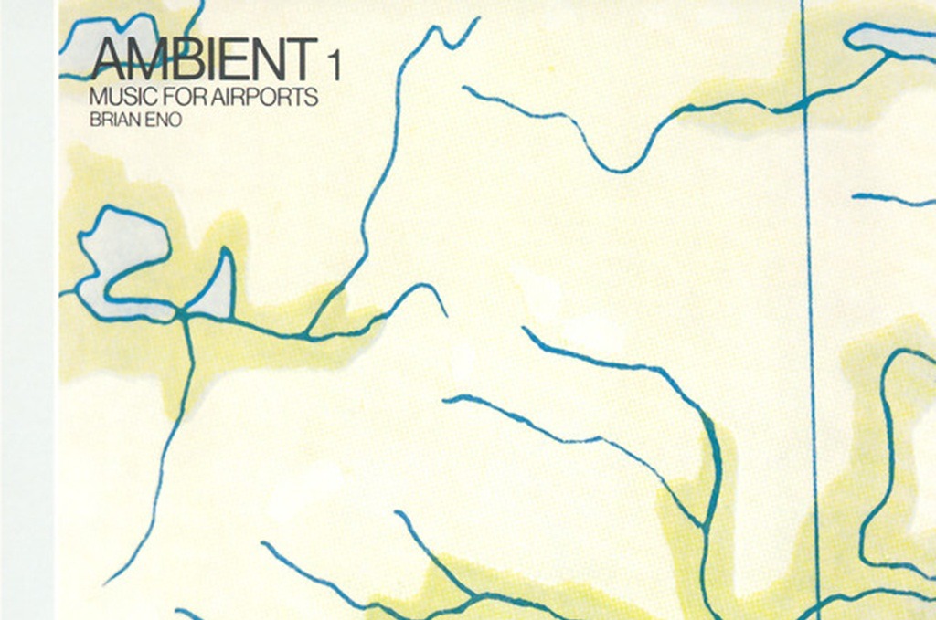 Albumcover von Brian Eno – Ambient 1: Music for Airports mit abstrakten blauen Linien auf cremefarbenem Hintergrund.