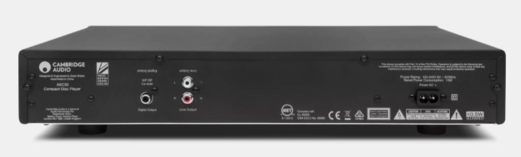 Rückseite des Cambridge Audio AXC35 CD-Players mit Cinch-Ausgang, koaxialem Digitalausgang und Netzanschluss.