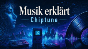 Musik erklärt Chiptune Genre mit Retro-Konsole, Pixel-Stadt, Equalizer, Vinyl und 8-Bit-Gaming-Ästhetik in Neonfarben.