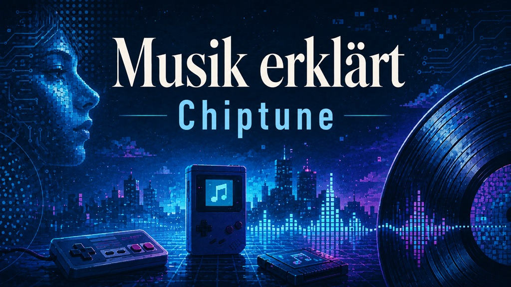 Musik erklärt Chiptune Genre mit Retro-Konsole, Pixel-Stadt, Equalizer, Vinyl und 8-Bit-Gaming-Ästhetik in Neonfarben.
