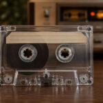 Transparente Musikkassette vor vintage HiFi-Kassettendeck als Symbol für das Revival der MC