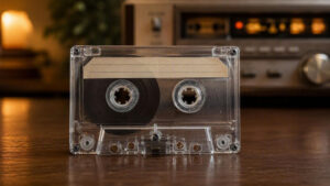 Transparente Musikkassette vor vintage HiFi-Kassettendeck als Symbol für das Revival der MC