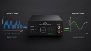 Schematische Darstellung eines DAC im HiFi-Bereich, der ein digitales Audiosignal in ein analoges Signal umwandelt.