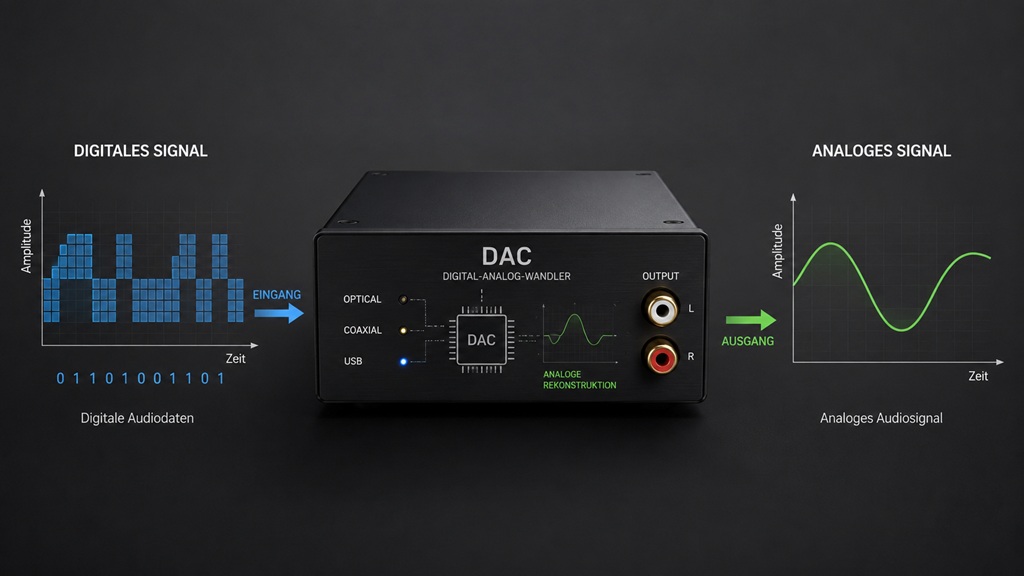 Schematische Darstellung eines DAC im HiFi-Bereich, der ein digitales Audiosignal in ein analoges Signal umwandelt.