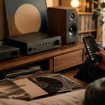 Person nutzt eine Musik-Streaming-App neben Plattenspieler und Schallplatten – warum wir kaum noch ganze Alben hören.