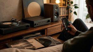 Person nutzt eine Musik-Streaming-App neben Plattenspieler und Schallplatten – warum wir kaum noch ganze Alben hören.