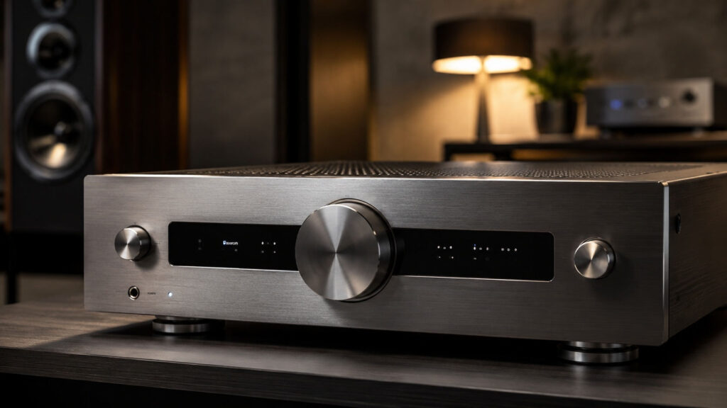 HiFi-Vollverstärker mit Metallfront und großem Lautstärkeregler in einem stilvollen Homeaudio-Setup