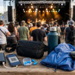 Konzert und Festival Packliste mit Sonnencreme, Powerbank, Smartphone, Gehörschutz, Trinkflasche, Regenponcho und Schuhen vor einer Festivalbühne.