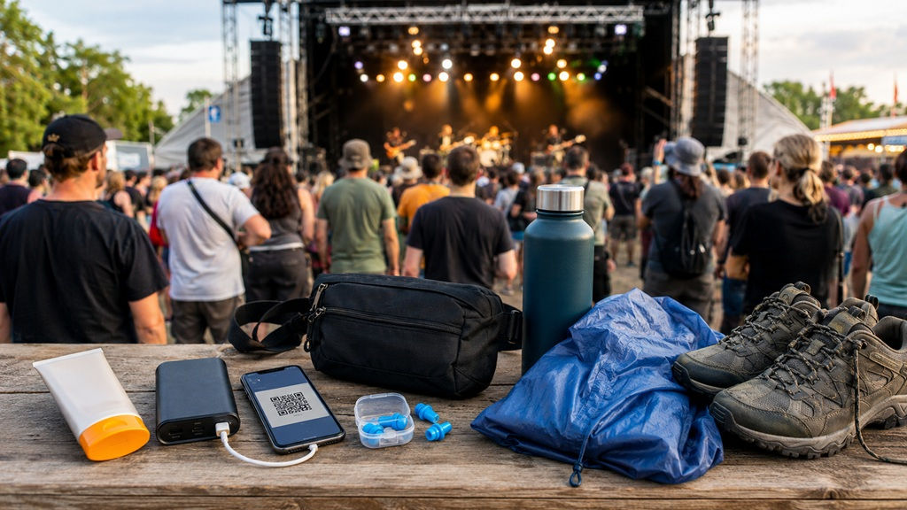 Konzert und Festival Packliste mit Sonnencreme, Powerbank, Smartphone, Gehörschutz, Trinkflasche, Regenponcho und Schuhen vor einer Festivalbühne.