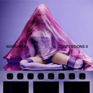 Albumcover „Madonna – Confessions II“ mit violett verhüllter Person auf einem Podest mit Lautsprechern.