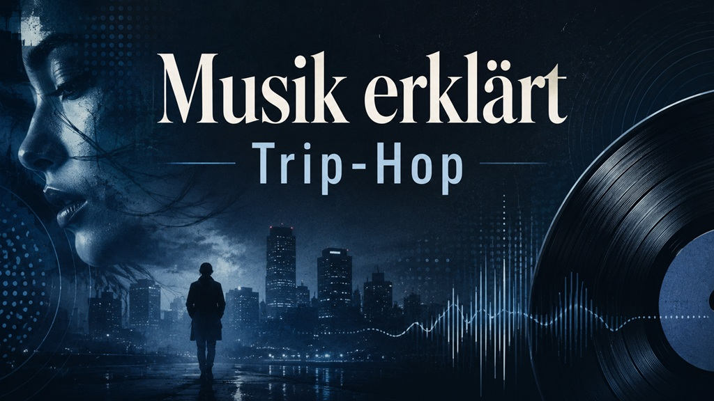 Musik erklärt Trip-Hop Genre mit Vinyl, nächtlicher Stadt, Audio-Wellenform und düsterer urbaner Atmosphäre.