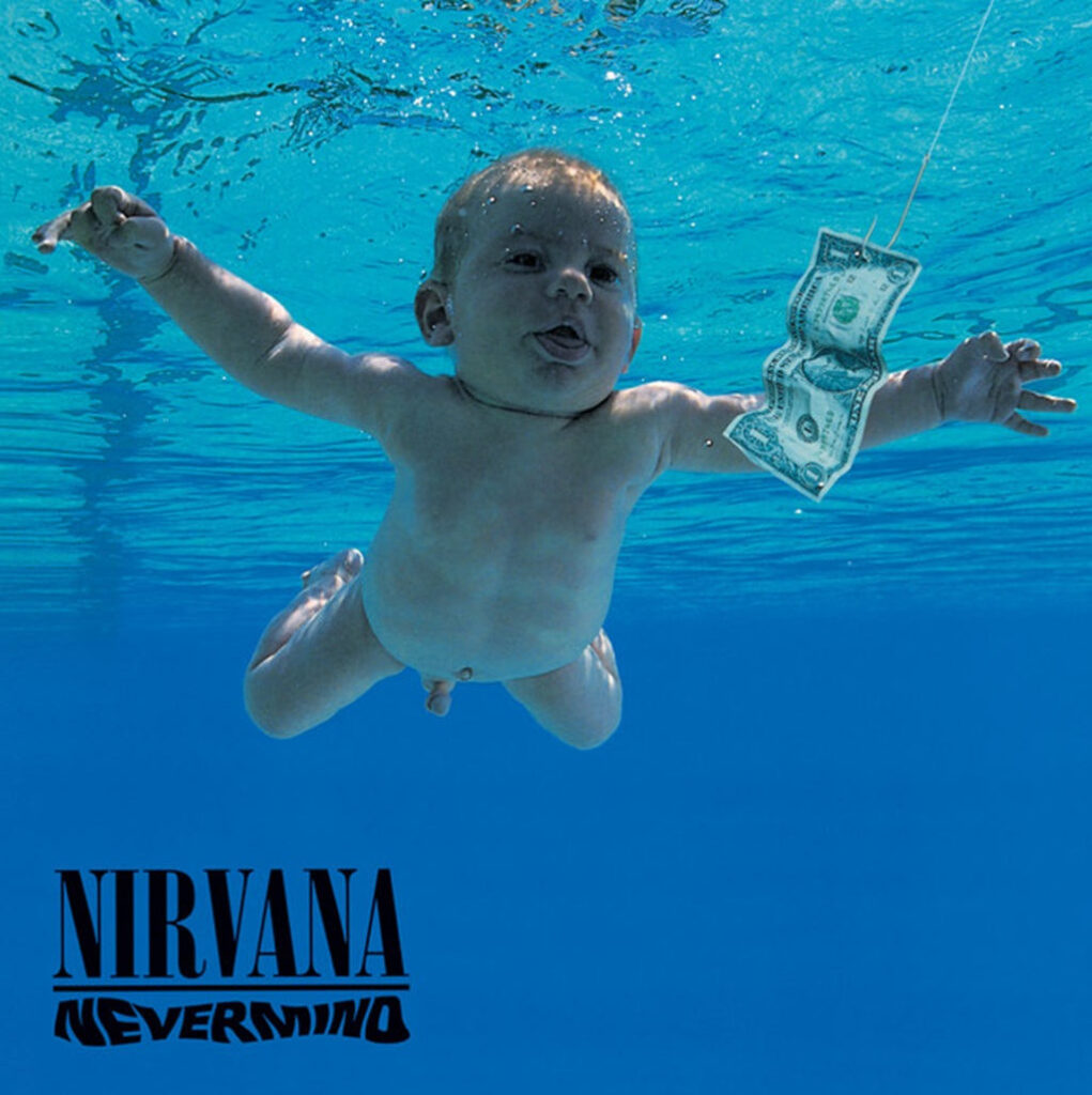 Nirvana Nevermind Albumcover mit schwimmendem Baby und Dollarschein unter Wasser.