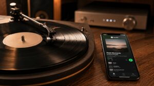 Vinyl-Schallplatte auf Plattenspieler neben Smartphone mit Spotify als Vergleich von physischem Tonträger und Streaming