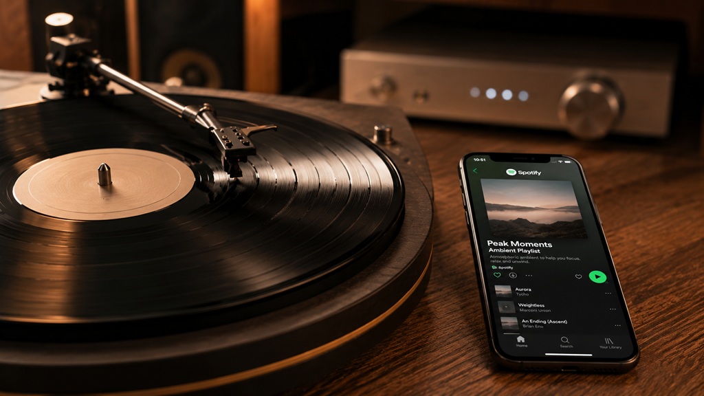 Vinyl-Schallplatte auf Plattenspieler neben Smartphone mit Spotify als Vergleich von physischem Tonträger und Streaming