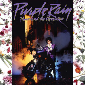Albumcover von Prince & The Revolution – Purple Rain mit Musiker in violettem Outfit auf einem Motorrad vor nächtlicher Kulisse.