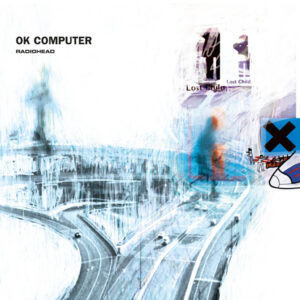 Albumcover von Radiohead – OK Computer mit abstrakter weiß-blauer Autobahn-Collage und technischen Symbolen.