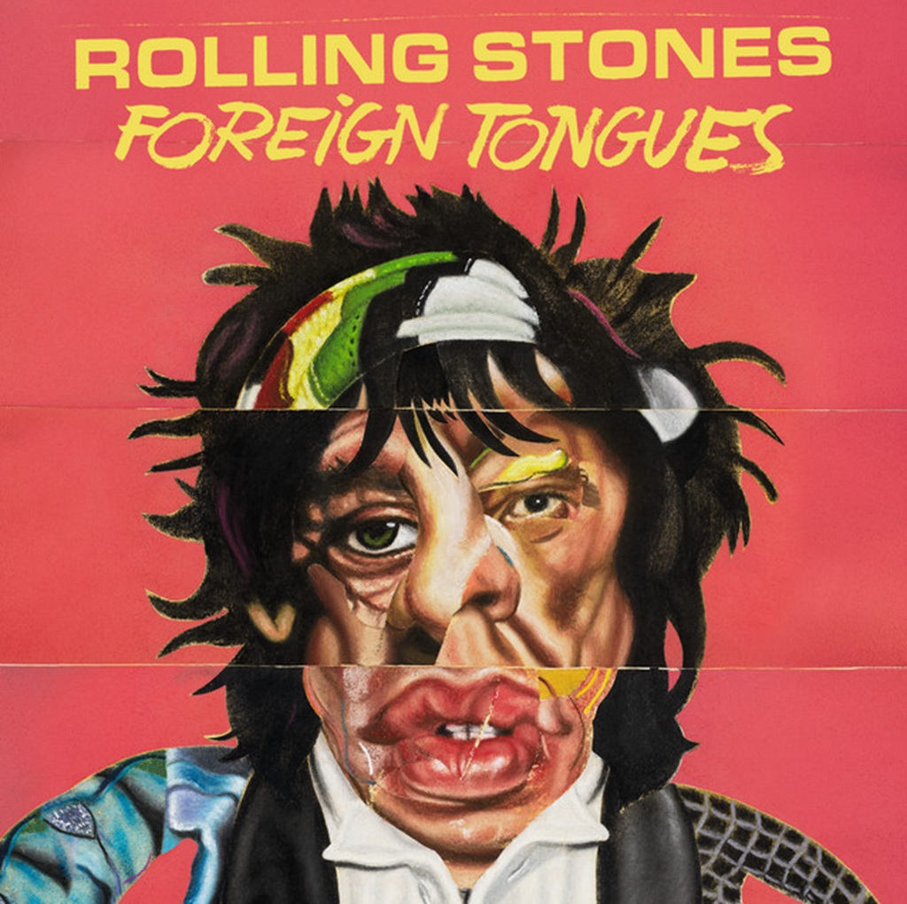 Albumcover von The Rolling Stones – Foreign Tongues mit surrealer Porträtcollage auf rosarotem Hintergrund.