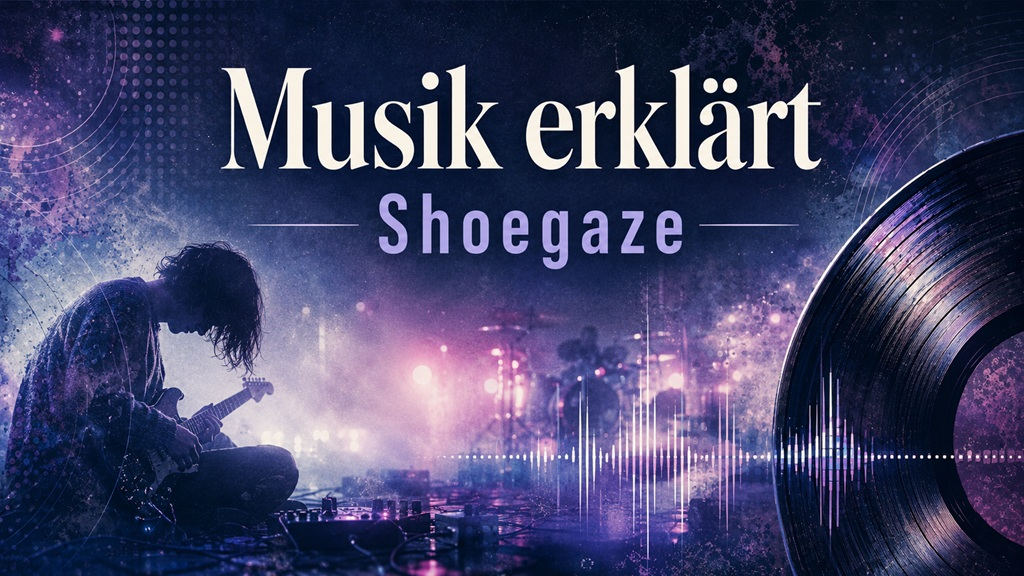 Musik erklärt Shoegaze Genre mit Gitarrist, Effektpedalen, Vinyl, Audio-Wellenform und verträumter Bühnenatmosphäre.