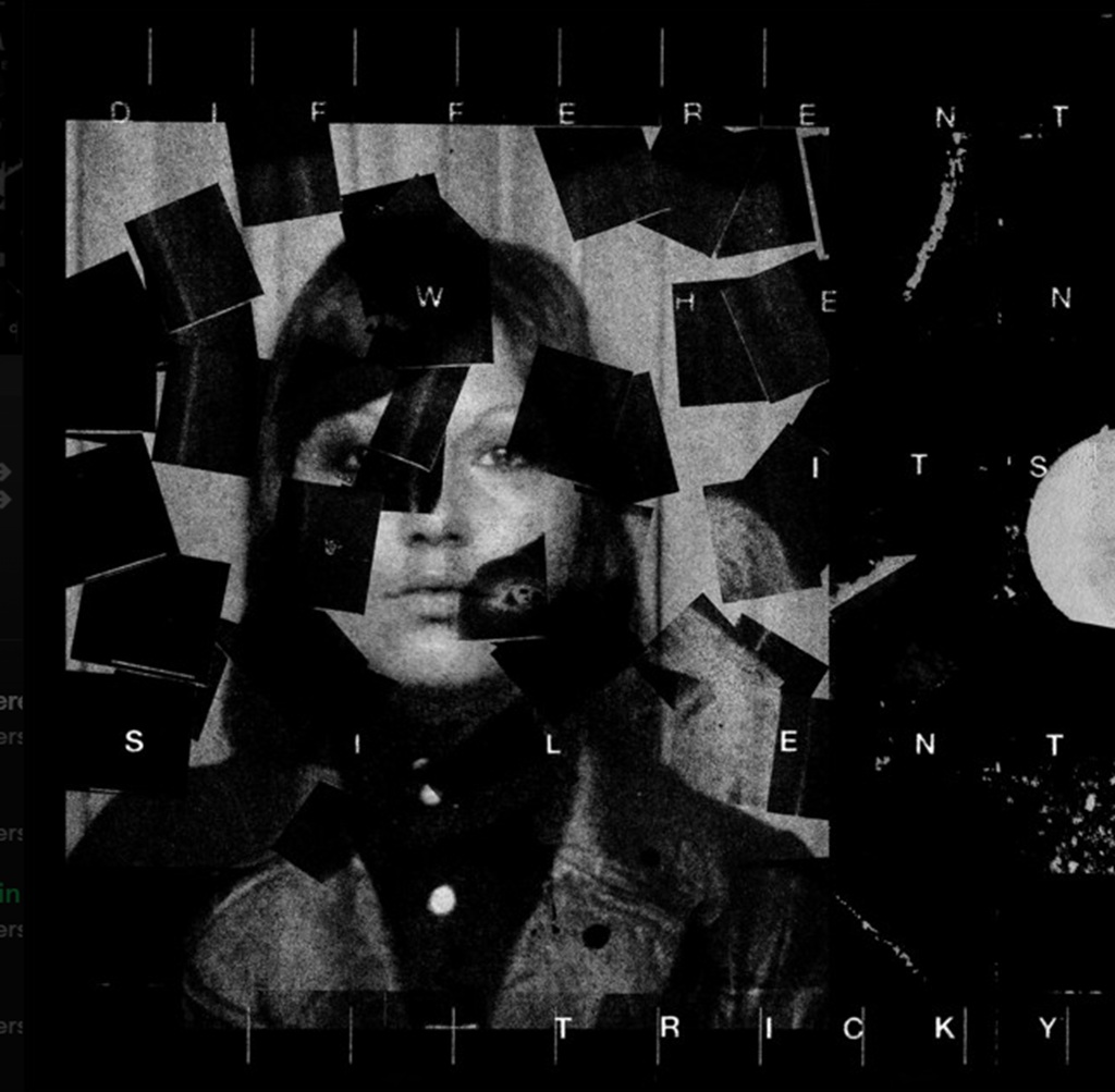 Albumcover von Tricky – Different When It’s Silent mit fragmentiertem Schwarz-Weiß-Porträt und abstrakter Collagen-Optik.