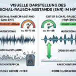 Infografik zum Signal-Rausch-Abstand im HiFi: Schematischer Vergleich zwischen schlechtem SNR mit hohem Rauschteppich und gutem SNR mit klarem Musiksignal.