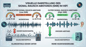 Infografik zum Signal-Rausch-Abstand im HiFi: Schematischer Vergleich zwischen schlechtem SNR mit hohem Rauschteppich und gutem SNR mit klarem Musiksignal.