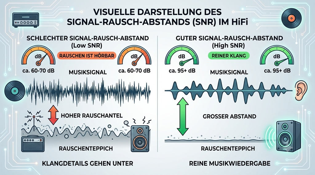 Infografik zum Signal-Rausch-Abstand im HiFi: Schematischer Vergleich zwischen schlechtem SNR mit hohem Rauschteppich und gutem SNR mit klarem Musiksignal.