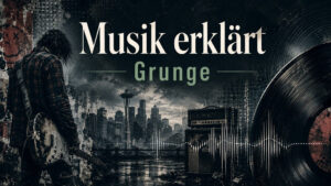 Musik erklärt Grunge Genre mit Flanell-Musiker, E-Gitarre, Verstärker, Vinyl und düsterer Seattle-Rock-Atmosphäre.