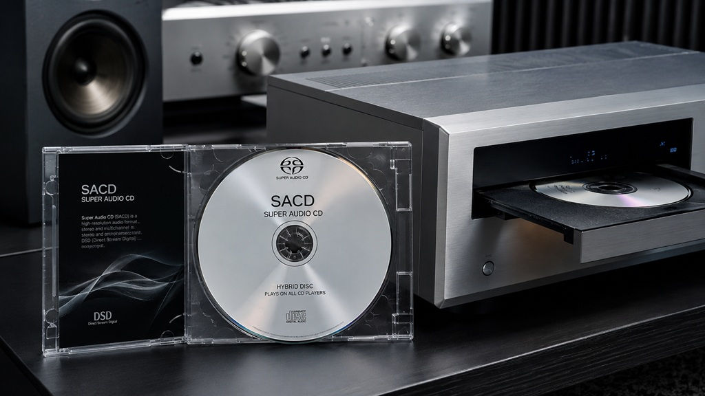 SACD im Jewelcase vor einem hochwertigen SACD-Player mit geöffneter Disc-Schublade