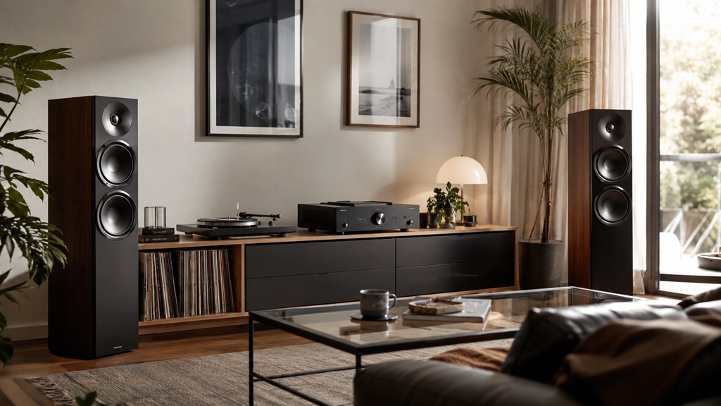 HiFi-Anlage im Wohnzimmer mit Standlautsprechern und Verstärker – wie viel Watt braucht eine Musikanlage zuhause?