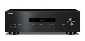 Schwarzer Yamaha A-S201 Stereo-Vollverstärker mit Phono-Eingang und großem Lautstärkeregler in der Frontansicht.