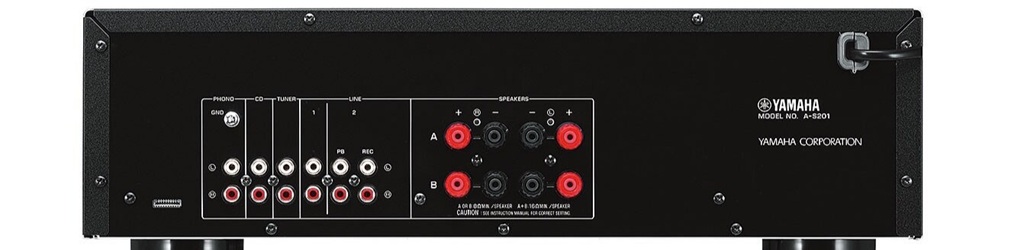 Rückseite des Yamaha A-S201 Vollverstärkers mit Phono- und Cinch-Eingängen sowie Lautsprecheranschlüssen A und B.