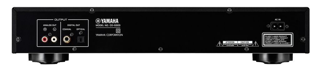 Rückseite des Yamaha CD-S303 mit Cinch-, koaxialem und optischem Audioausgang.