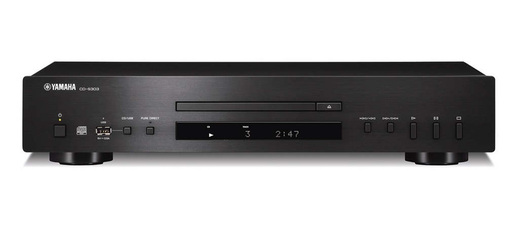 Schwarzer Yamaha CD-S303 CD-Player mit Display, USB-Anschluss und Pure-Direct-Funktion.