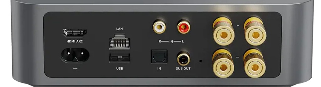 Rückseite des WiiM Amp mit HDMI ARC, LAN, USB, Cinch-Eingang, optischem Eingang, Sub Out und Lautsprecheranschlüssen.