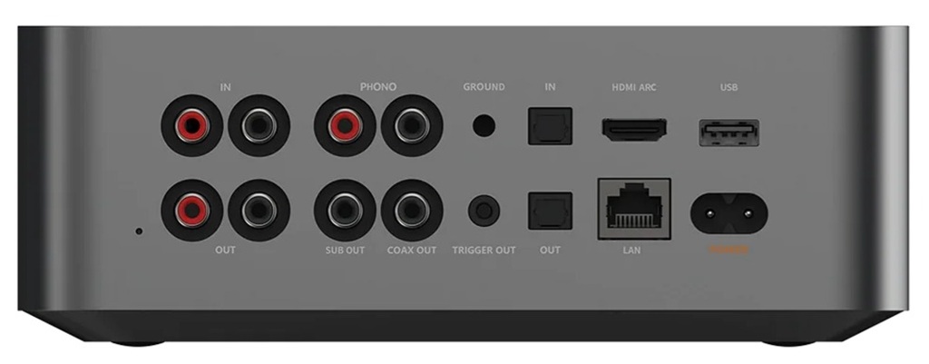 WiiM Ultra Rückseite mit Phono-Eingang, Line-In und Line-Out, HDMI ARC, USB, LAN, Subwoofer- und Digitalausgängen.
