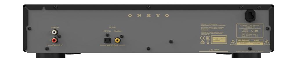 Rückseite des Onkyo C-30 CD-Players mit Cinch-, Toslink- und koaxialem Digitalausgang.