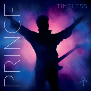 Prince Timeless Albumcover mit Gitarristen-Silhouette vor blau-violettem Bühnenlicht.