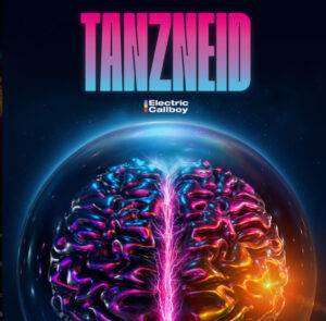 Albumcover von Electric Callboy – TANZNEID mit neonfarbenem Gehirn in futuristischer Kugel