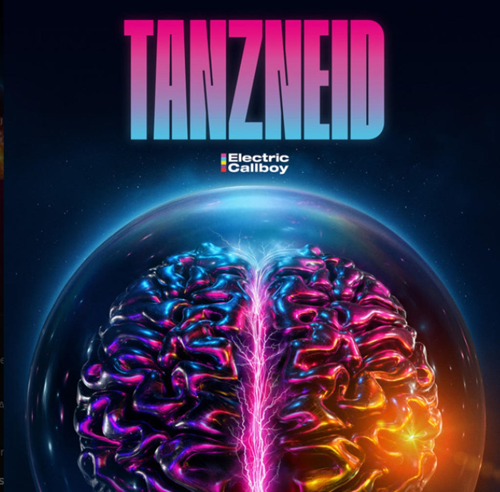 Albumcover von Electric Callboy – TANZNEID mit neonfarbenem Gehirn in futuristischer Kugel