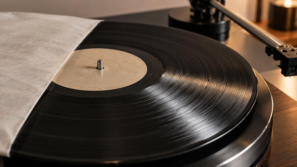 180-Gramm-Schallplatte auf Plattenspieler mit sichtbaren Vinylrillen und Plattenstärke